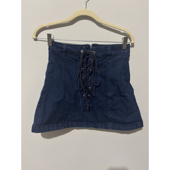 Signature Eight Mini Skirt Womens Medium Blue Denim Lace Up Front Back Zipper - Picture 1 of 2